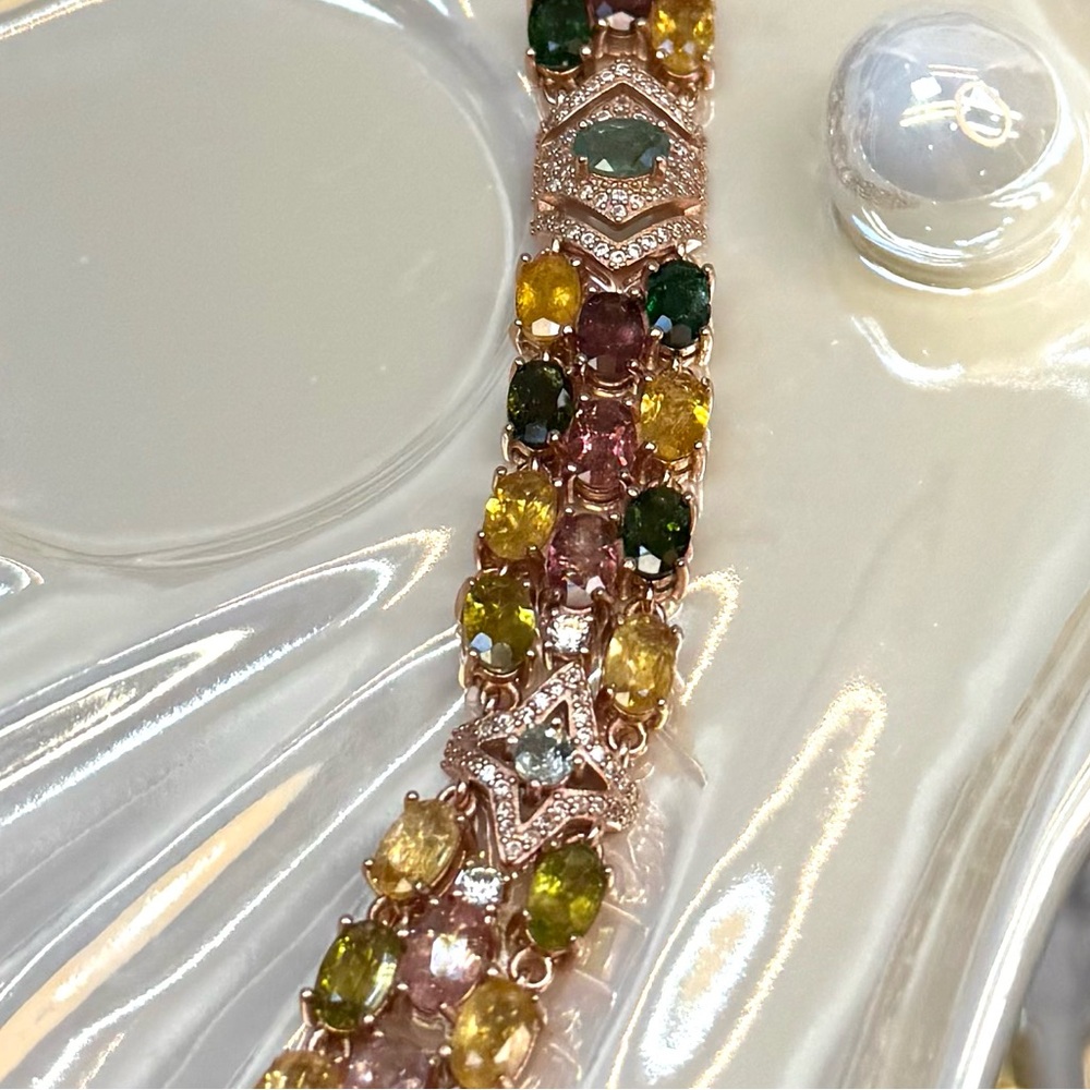 BTR6  23.4CT Rainbow Tourmaline ART DECO Star 3-in-1 Bracelet 18K Rose Gold S925